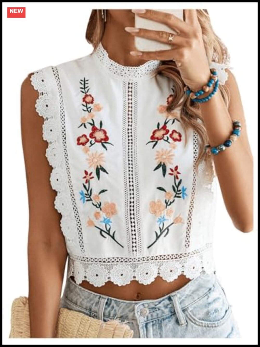 Mock Neck Sleeveless Floral Embroidery Crop Blouse Boho Top